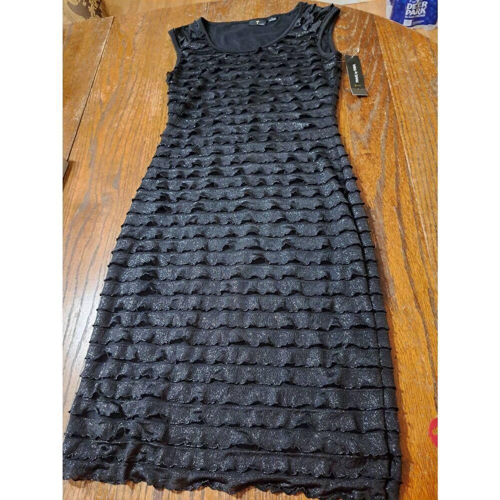 New Small Travel By Tribal Black Ruffle Shimmery Sleeveless Midi Dress Nwt